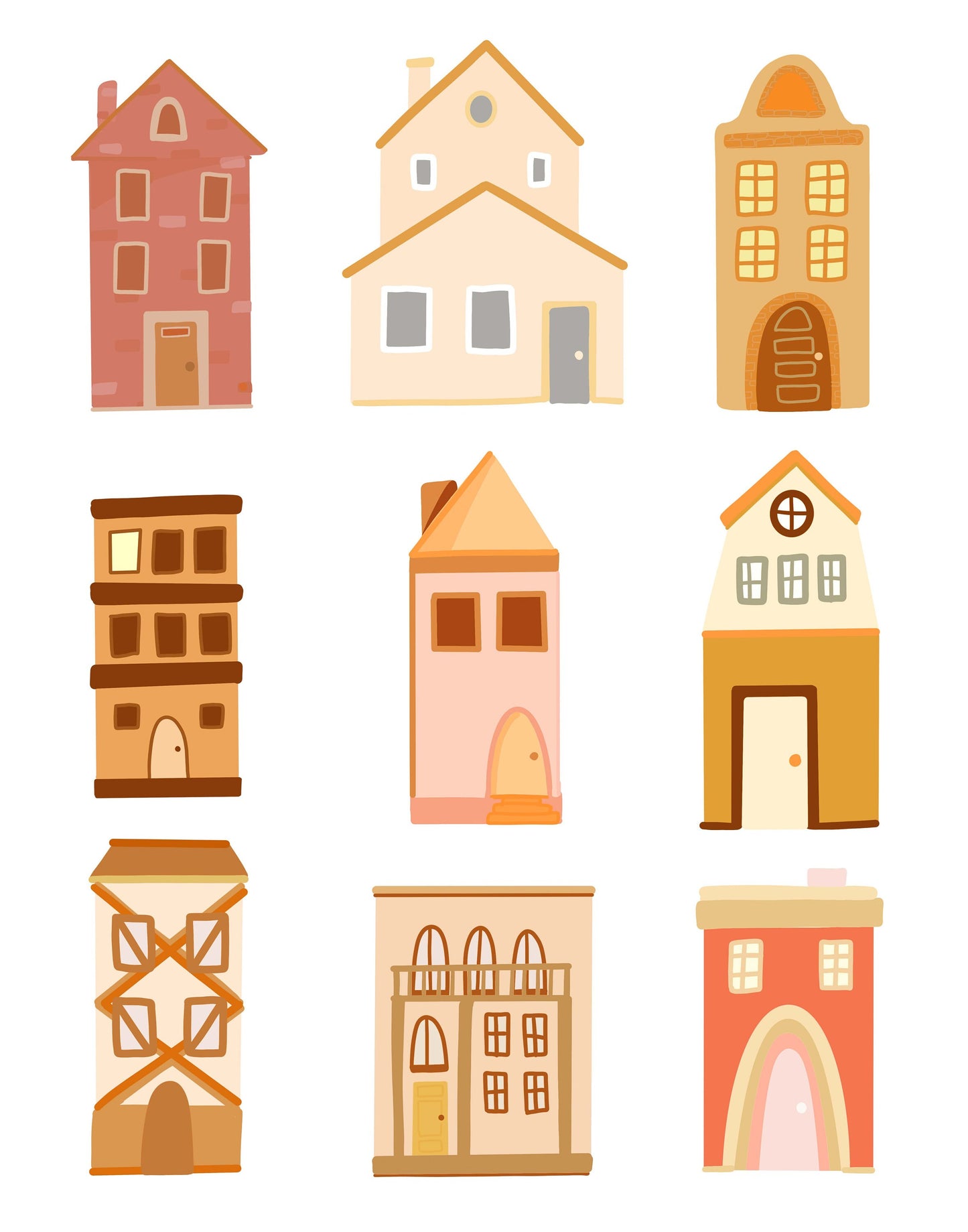 8x10 Houses Yellow and Pink - Unframed