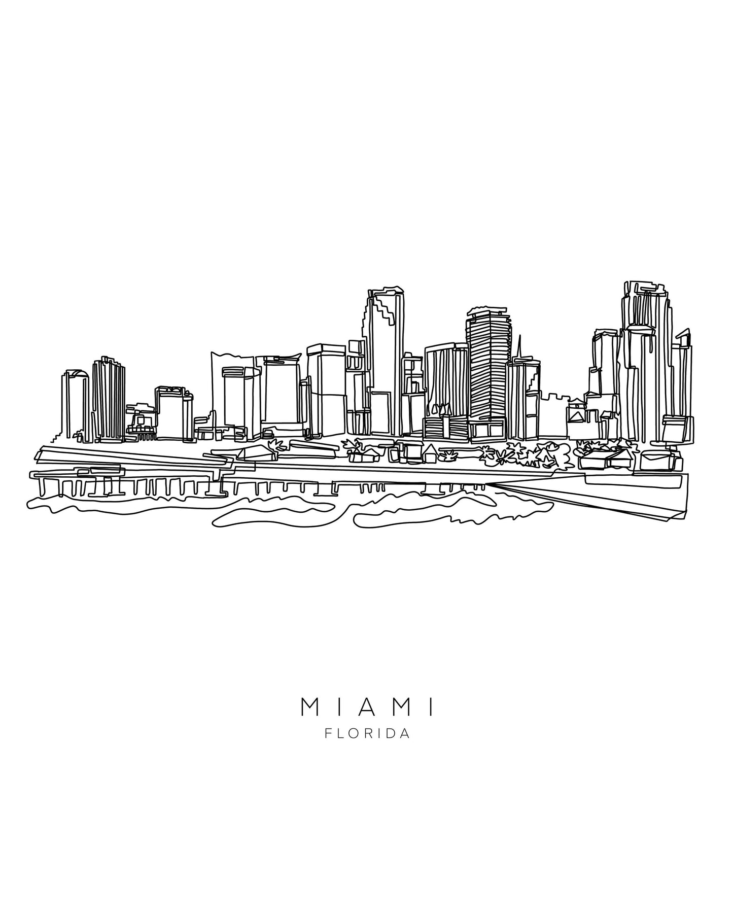 MIAMI Skyline 8x10 Single Line Art Print // Black and White // Unframed