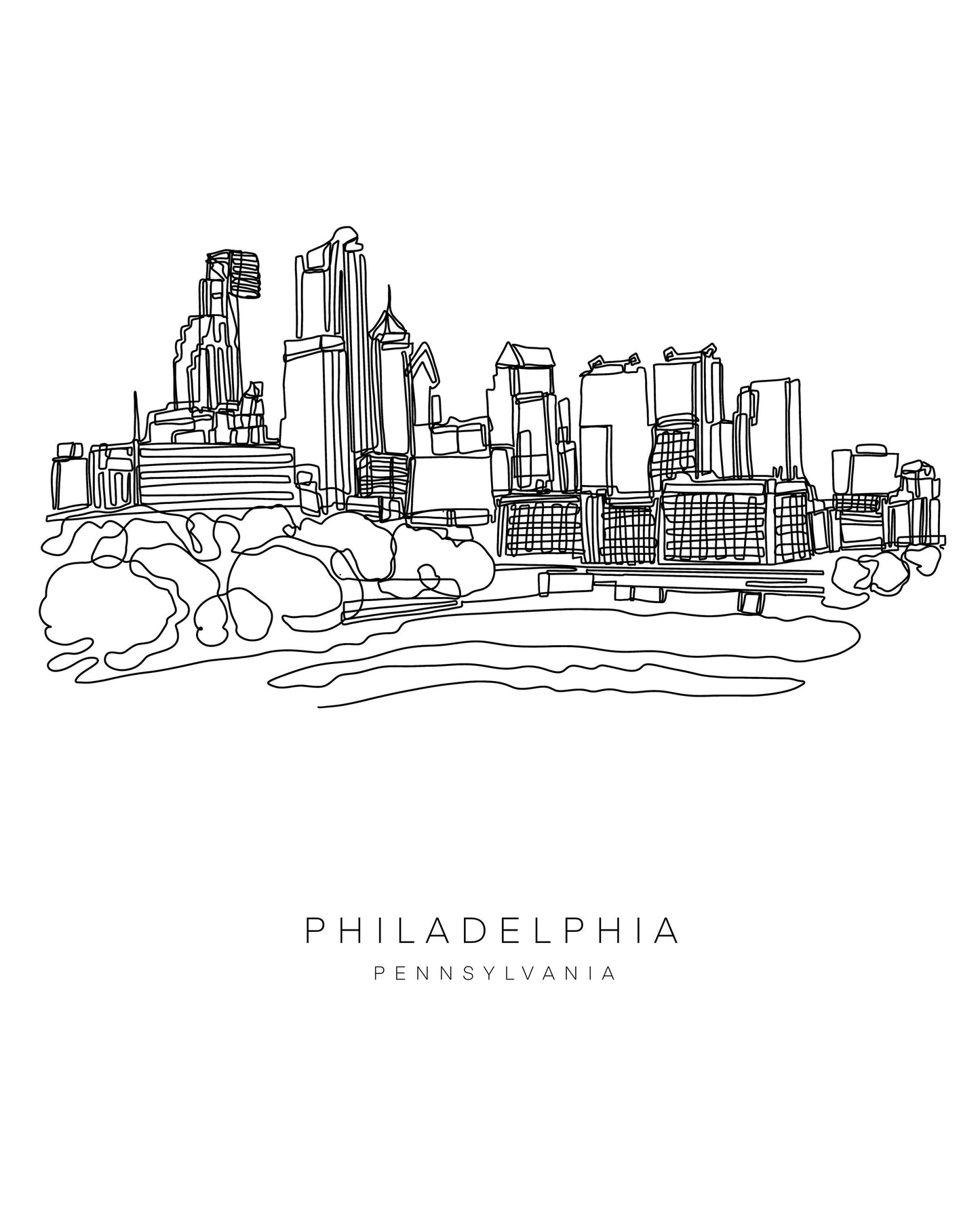 PHILADELPHIA Skyline 8x10 Single Line Art Print // Black and White // Unframed
