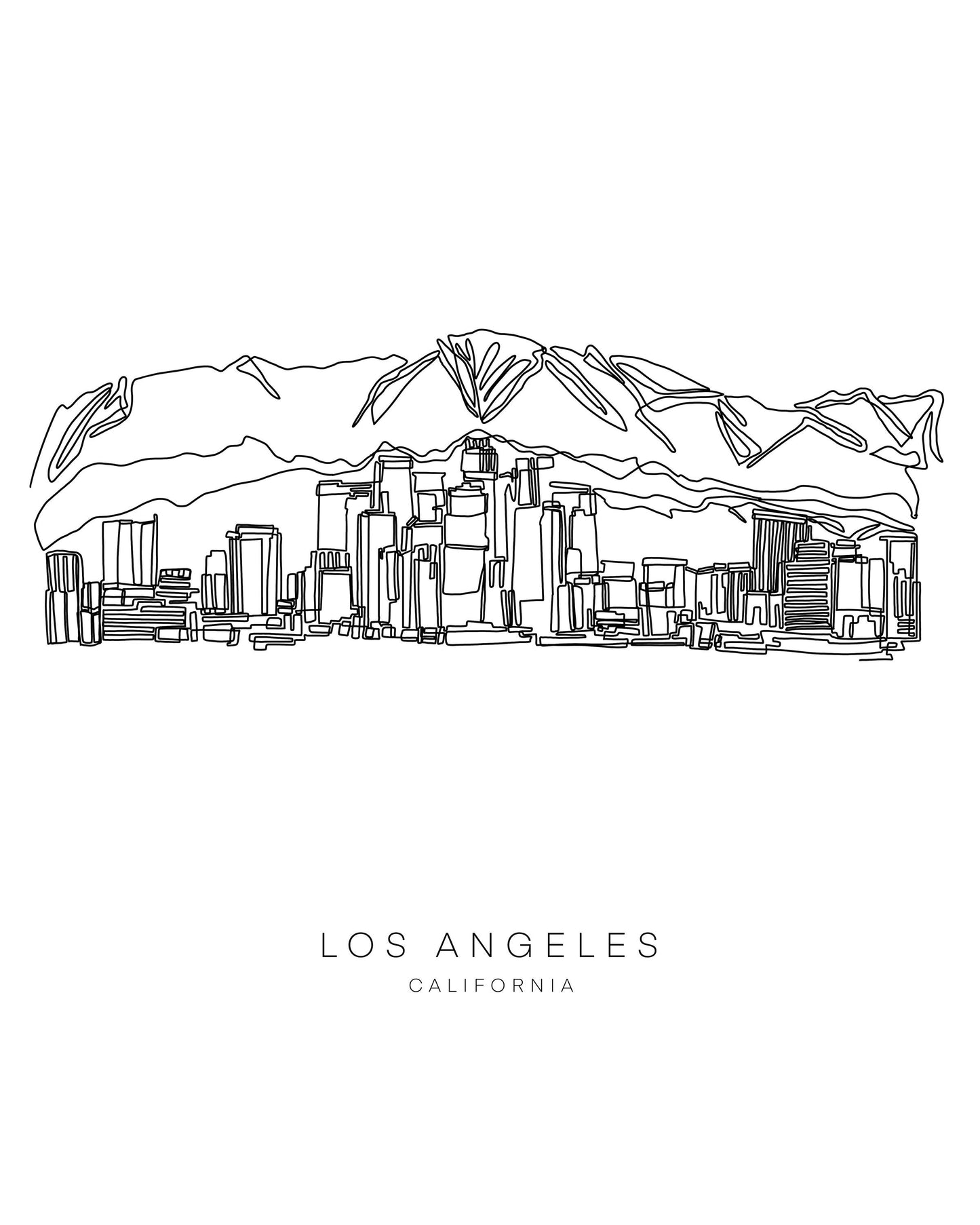 LOS ANGELES Skyline 8x10 Single Line Art Print // Black and White // Unframed