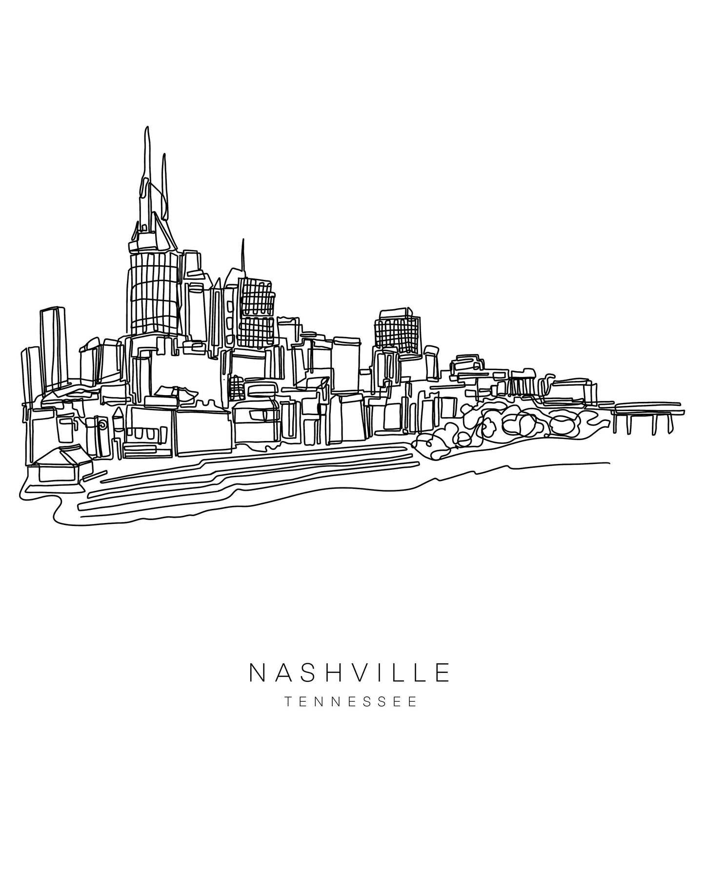 NASHVILLE Skyline 8x10 Single Line Art Print // Black and White // Unframed