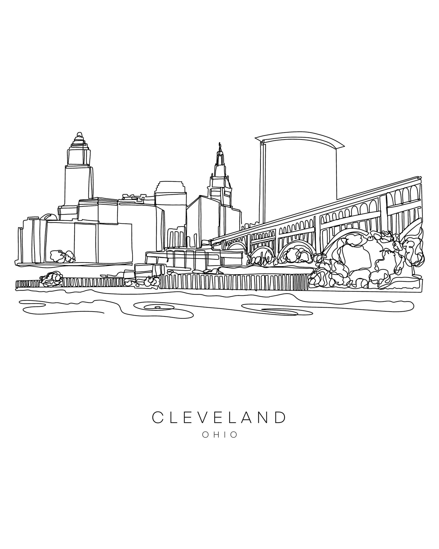 CLEVELAND Skyline 8x10 Single Line Art Print // Black and White // Unframed