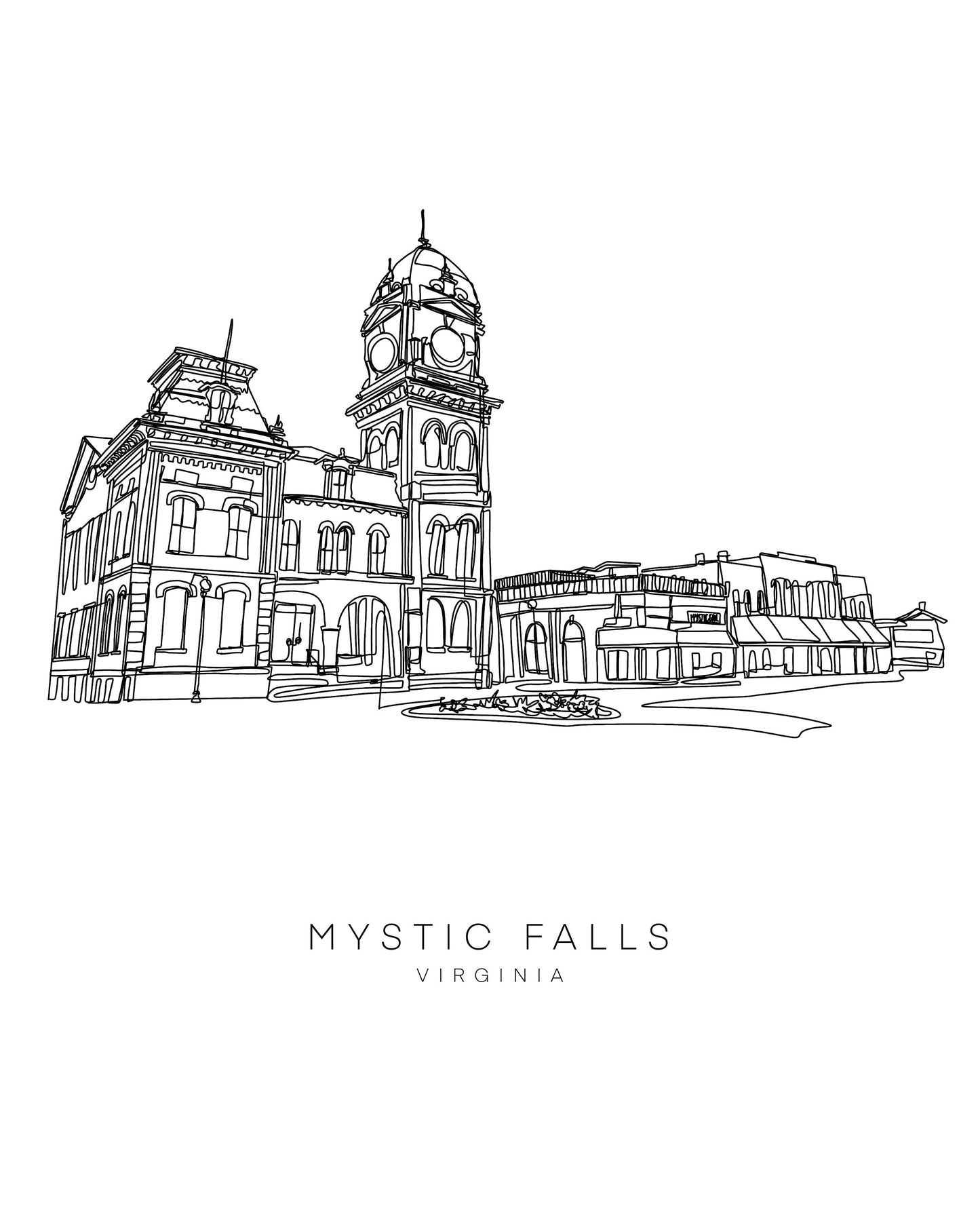 Vampire Diaries Mystic Falls 8x10 Single Line Art Print // Black and White // Unframed