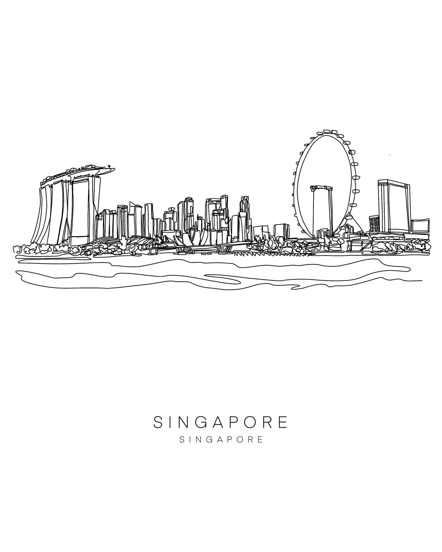 SINGAPORE SKYLINE 8x10 Single Line Art Print // Black and White // Unframed