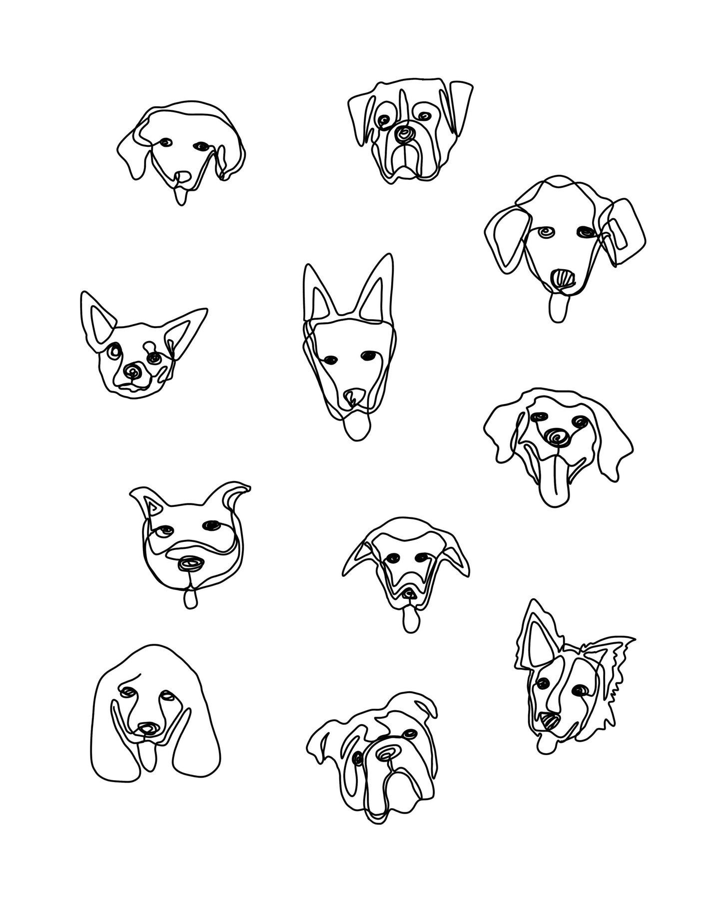 DOGS 8x10 Single Line Art Print // Black and White // Unframed