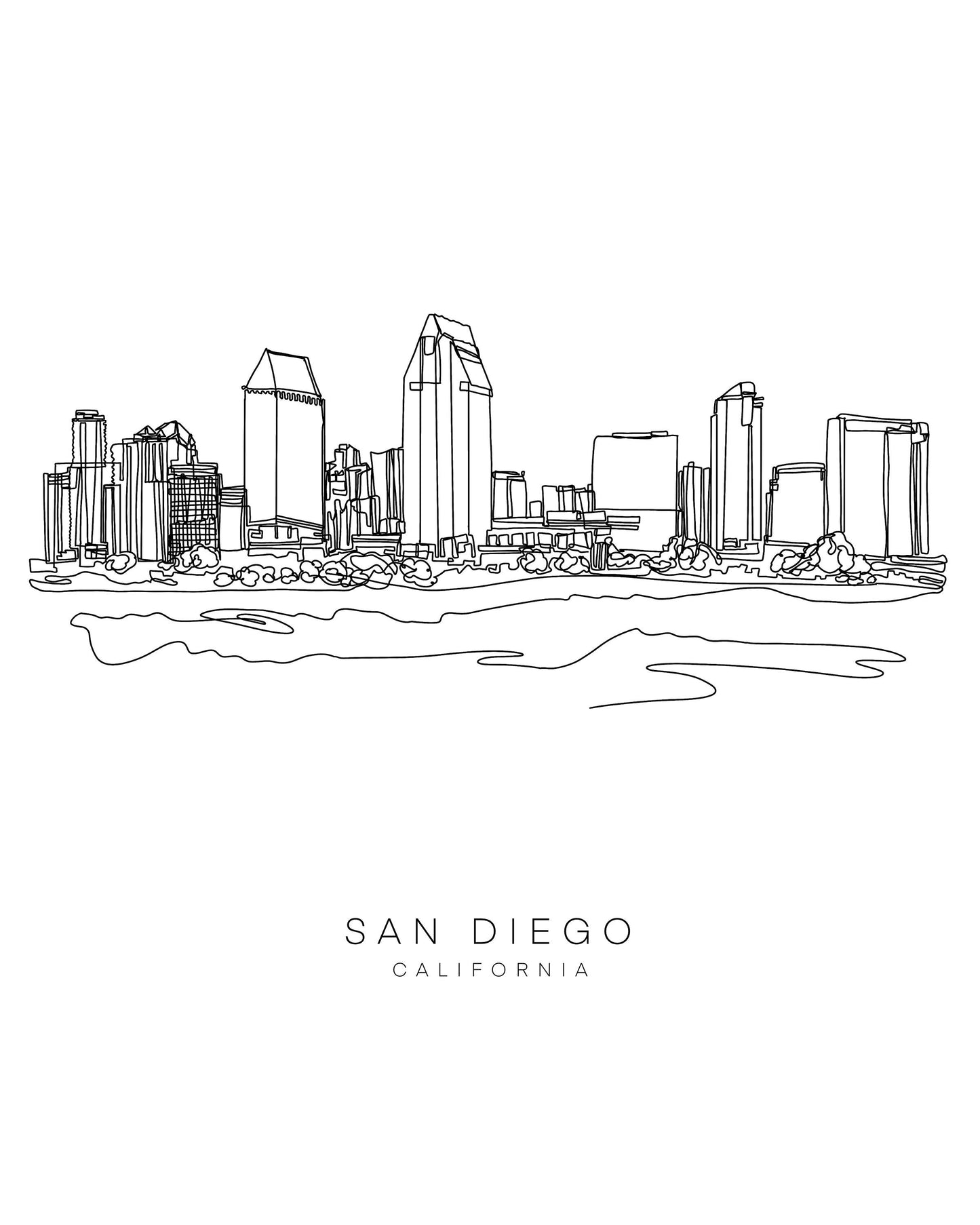 SAN DIEGO Skyline 8x10 Single Line Art Print // Black and White // Unframed