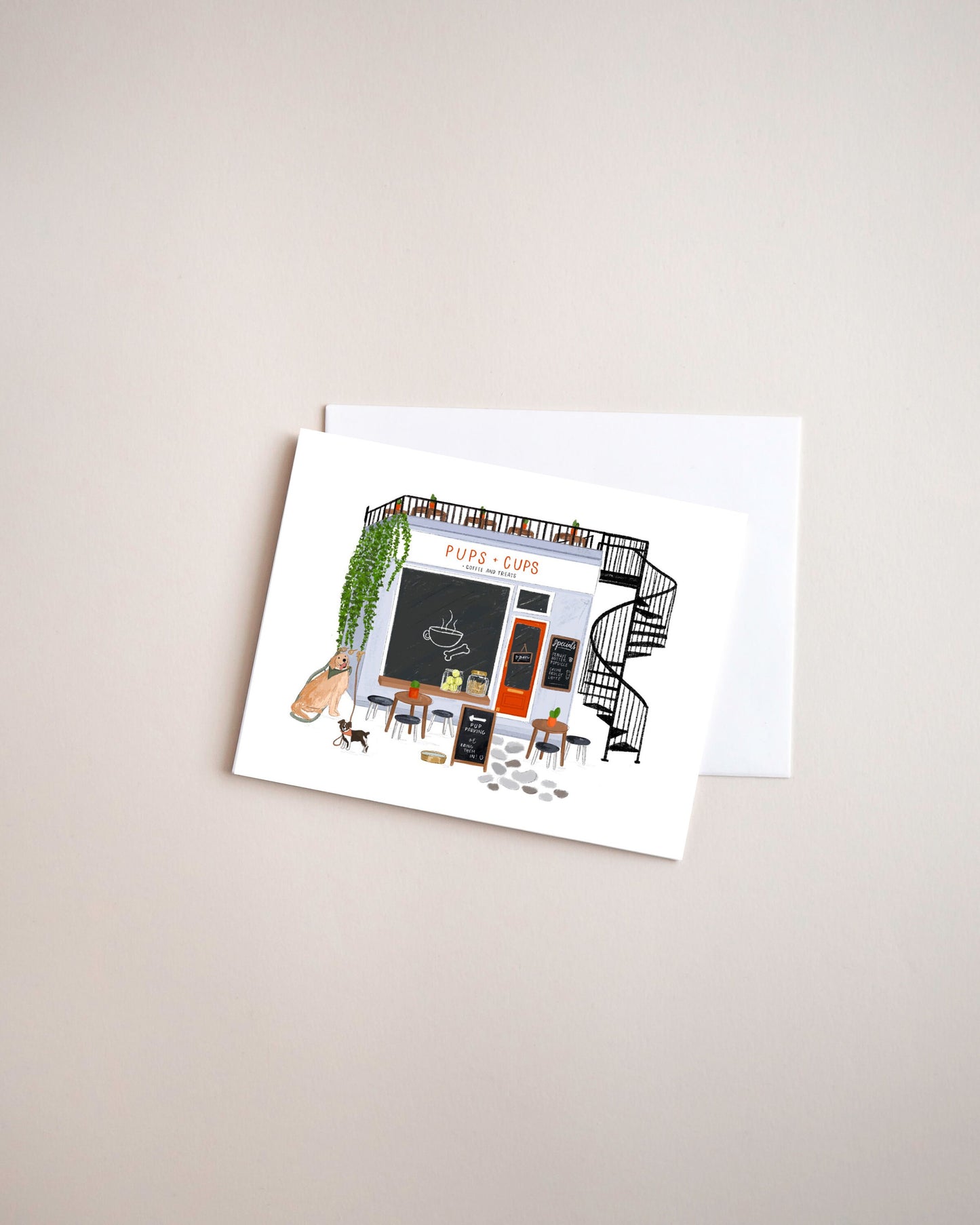 Cute dog coffee shop card | illustrated coffee shop art | handmade greeting card | 4.25x5.5 card | pups and cups dog art | coffee art