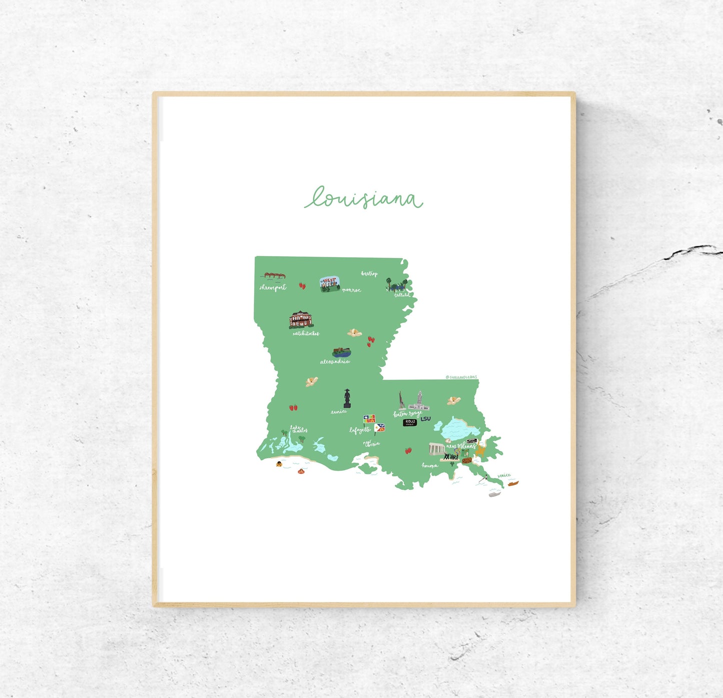 Louisiana Illustrated Map Hand-Drawn (Unframed)