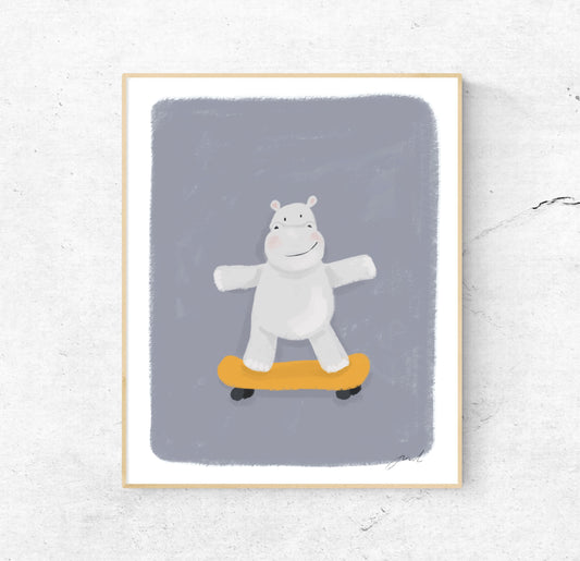 Hippo on a Skateboard | 8x10 Print Unframed