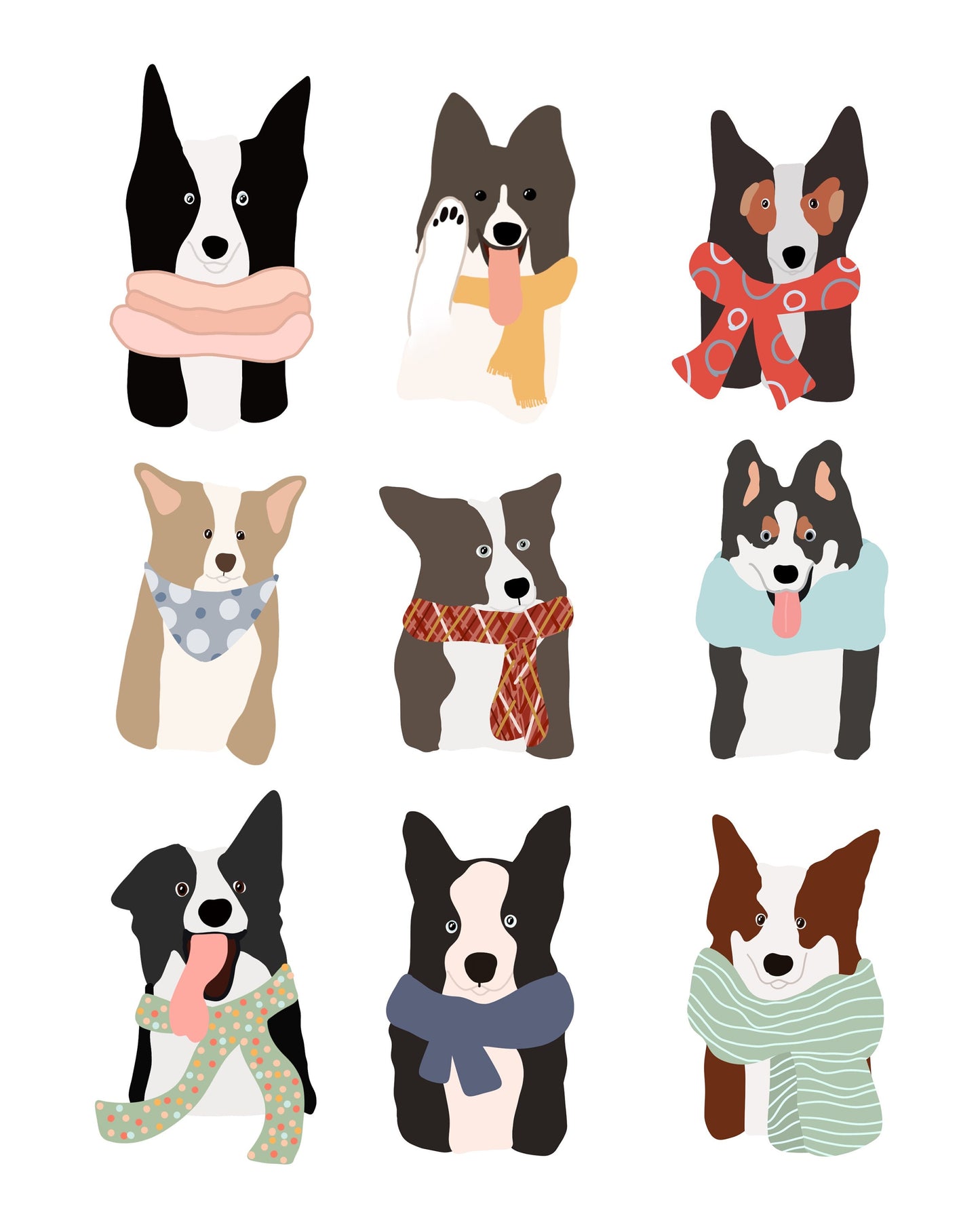 Border Collies with Scarves on Print (UNFRAMED)