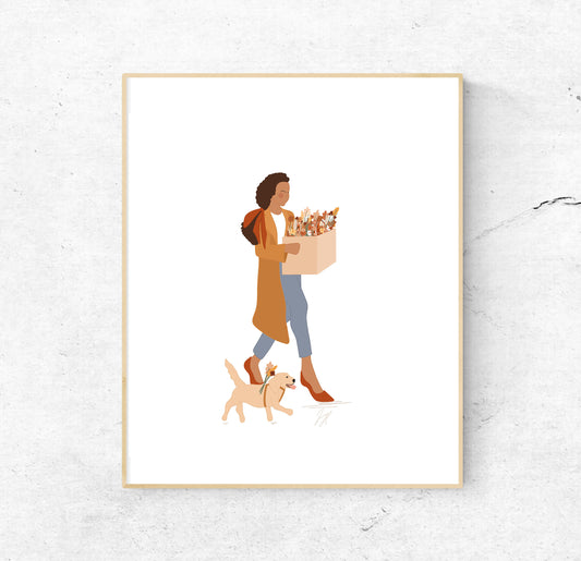8x10 Woman Walking Dog in Fall // Autumn Print
