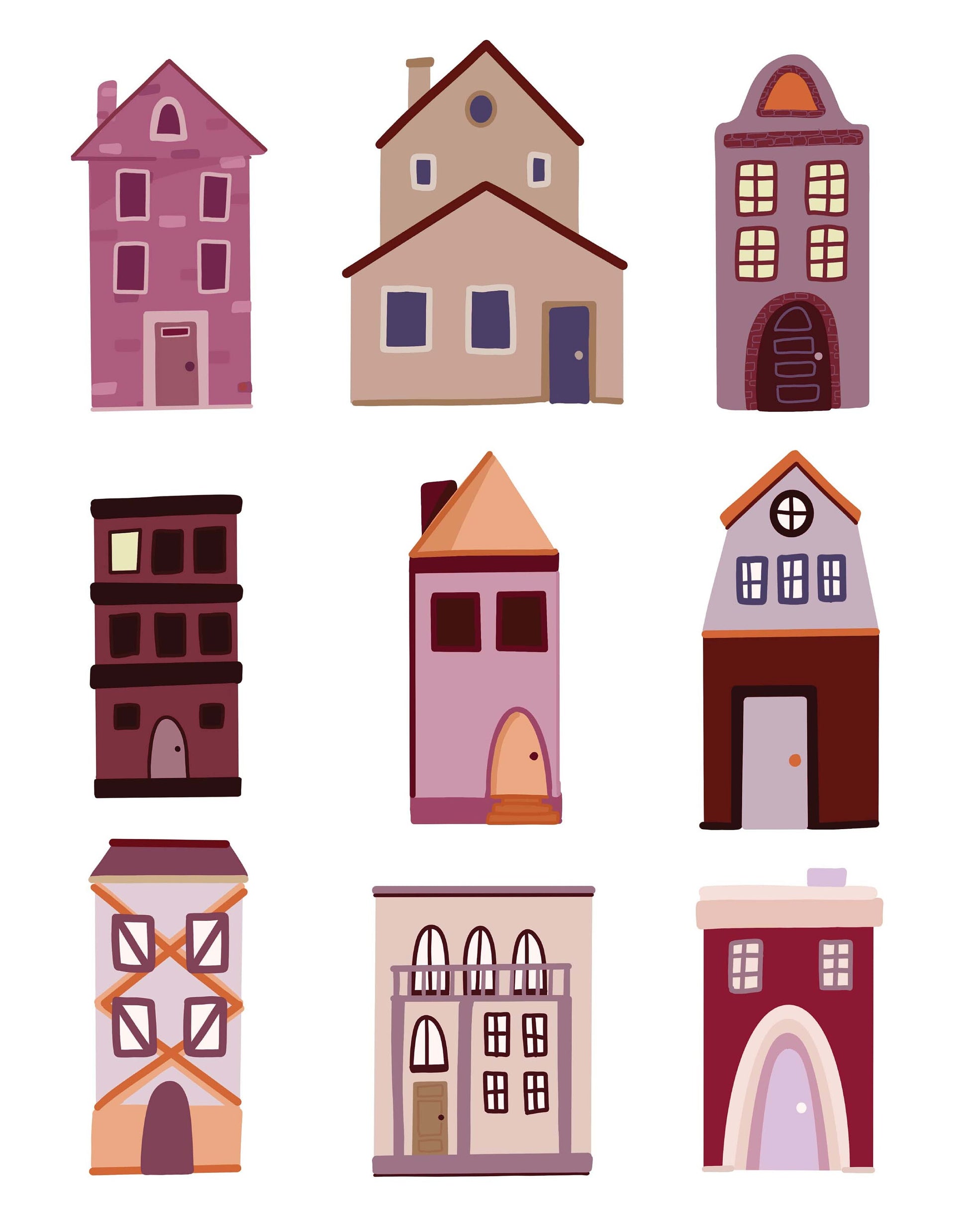 8x10 Houses Purple and Pink - Unframed