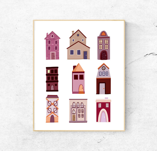 8x10 Houses Purple and Pink - Unframed