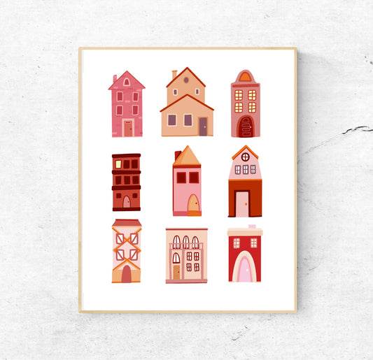 8x10 Houses Pink and Orange - Unframed