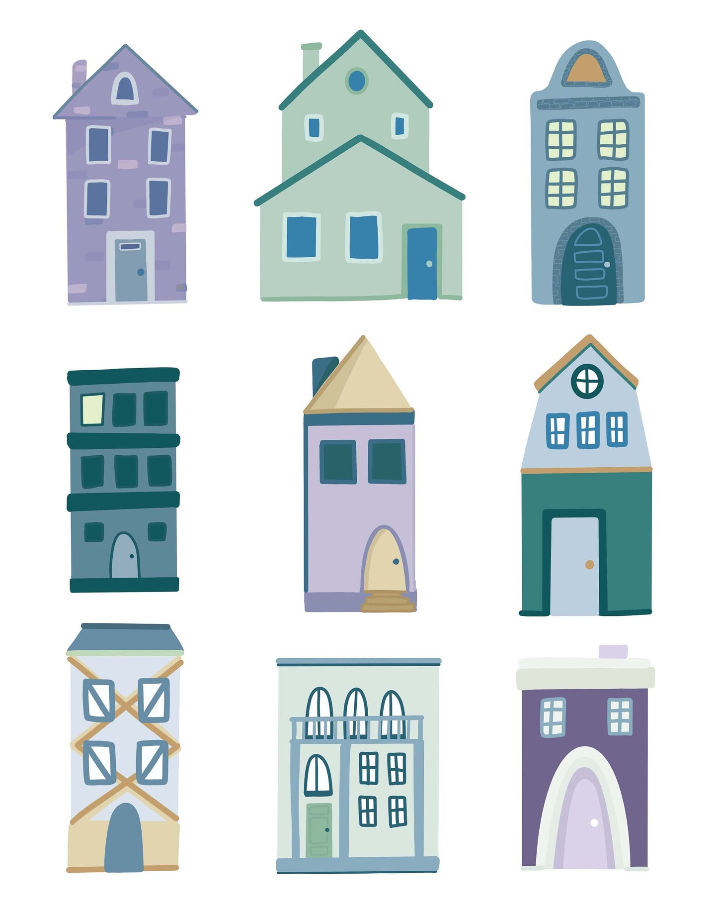 8x10 Houses Mint and Purple - Unframed