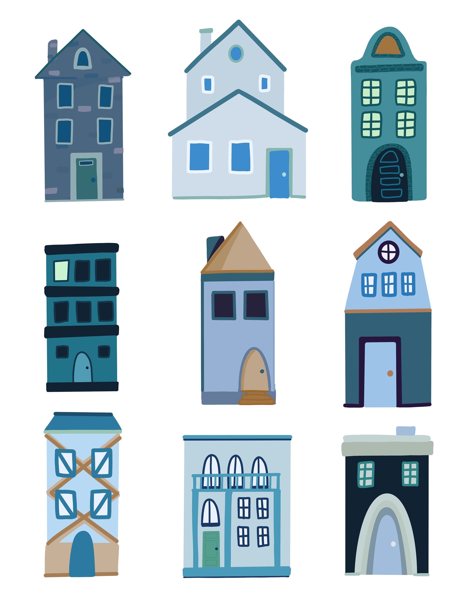 8x10 Houses BLUE - Unframed
