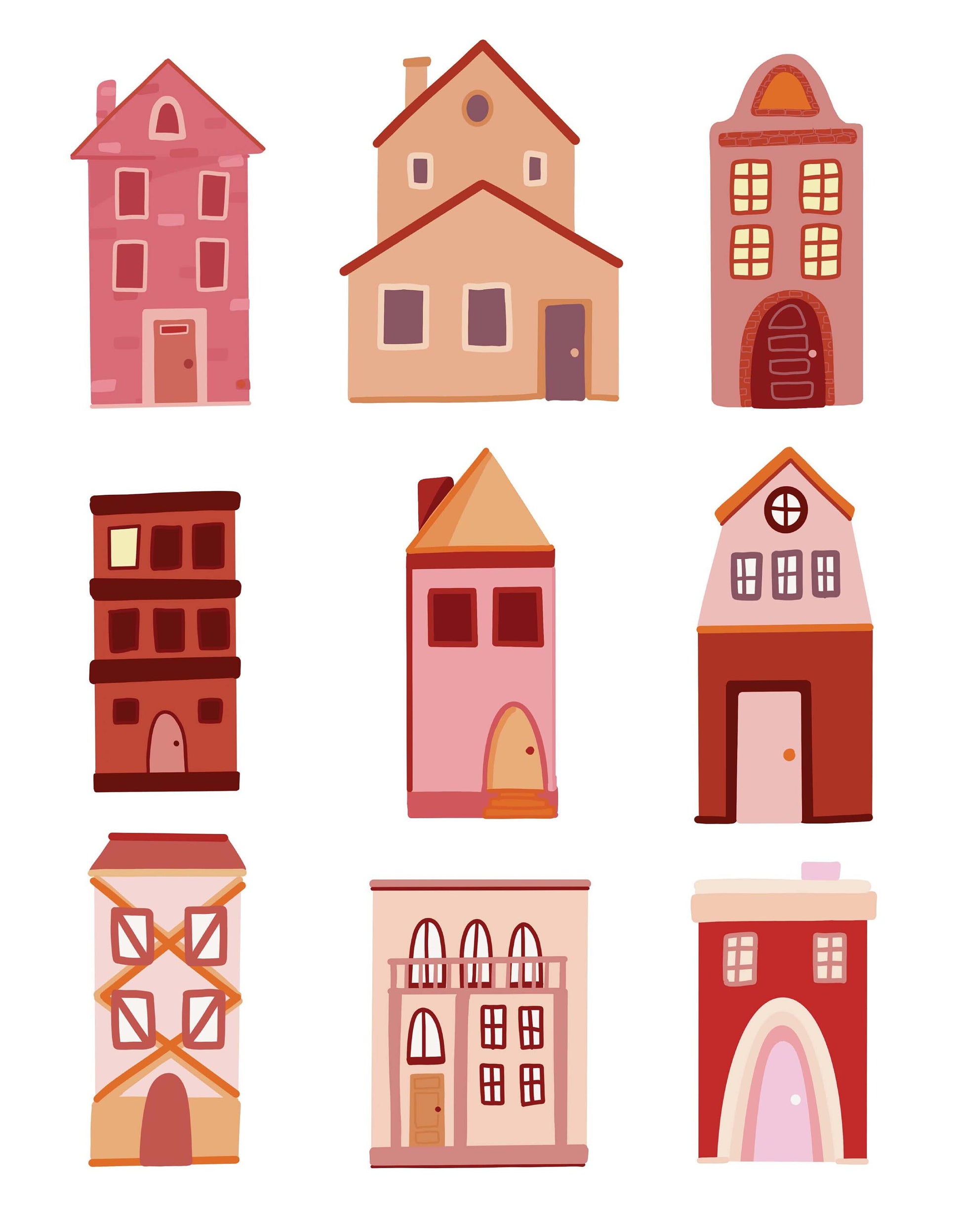 8x10 Houses Pink and Orange - Unframed