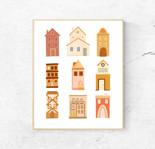 8x10 Houses Yellow and Pink - Unframed