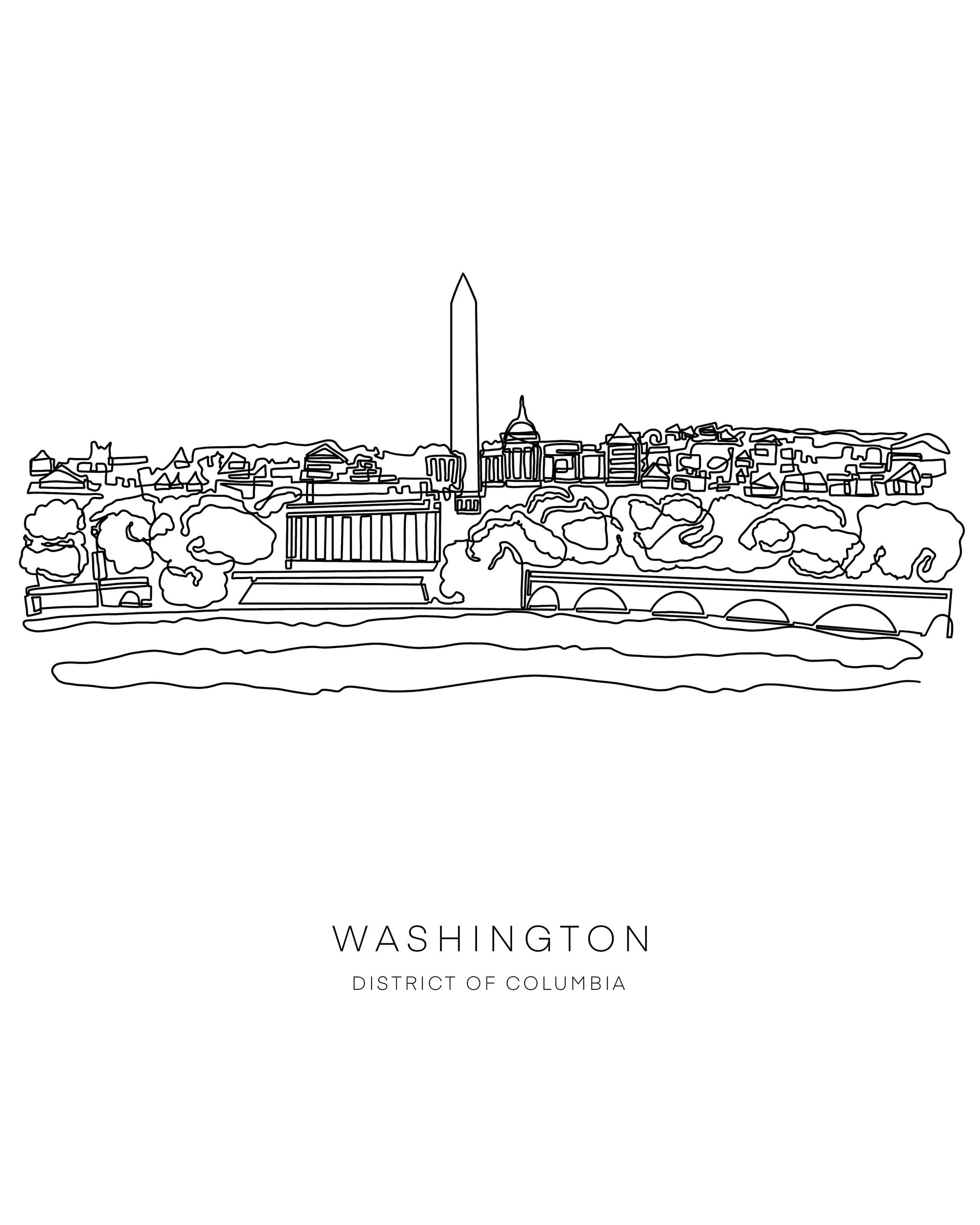 WASHINGTON DC Skyline 8x10 Single Line Art Print // Black and White // Unframed