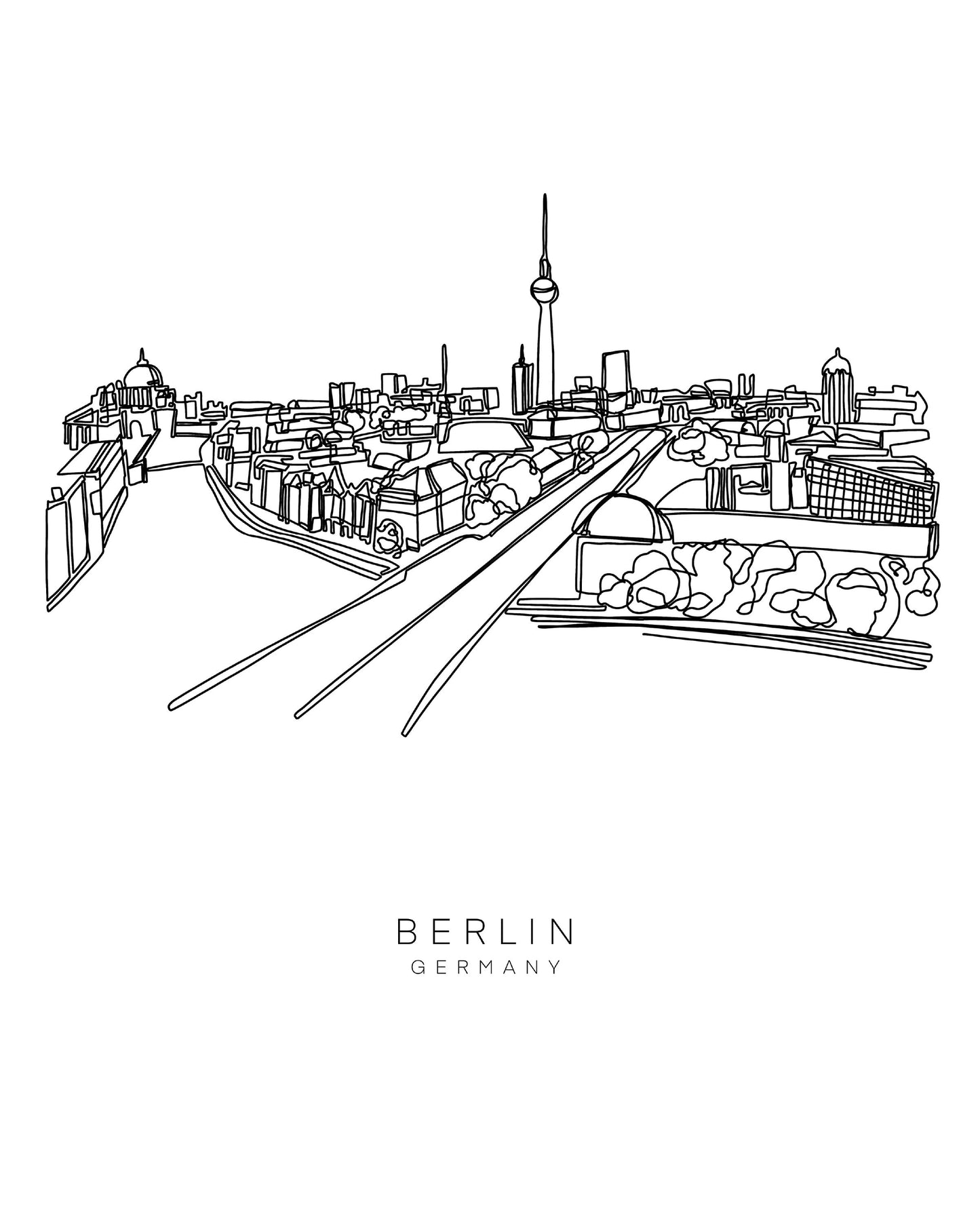 BERLIN Skyline 8x10 Single Line Art Print // Black and White // Unframed