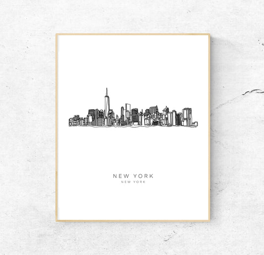 NEW YORK Skyline 8x10 Single Line Art Print // Black and White // Unframed