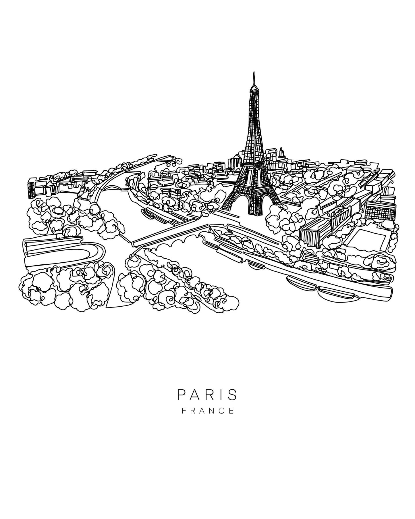 PARIS Skyline 8x10 Single Line Art Print // Black and White // Unframed