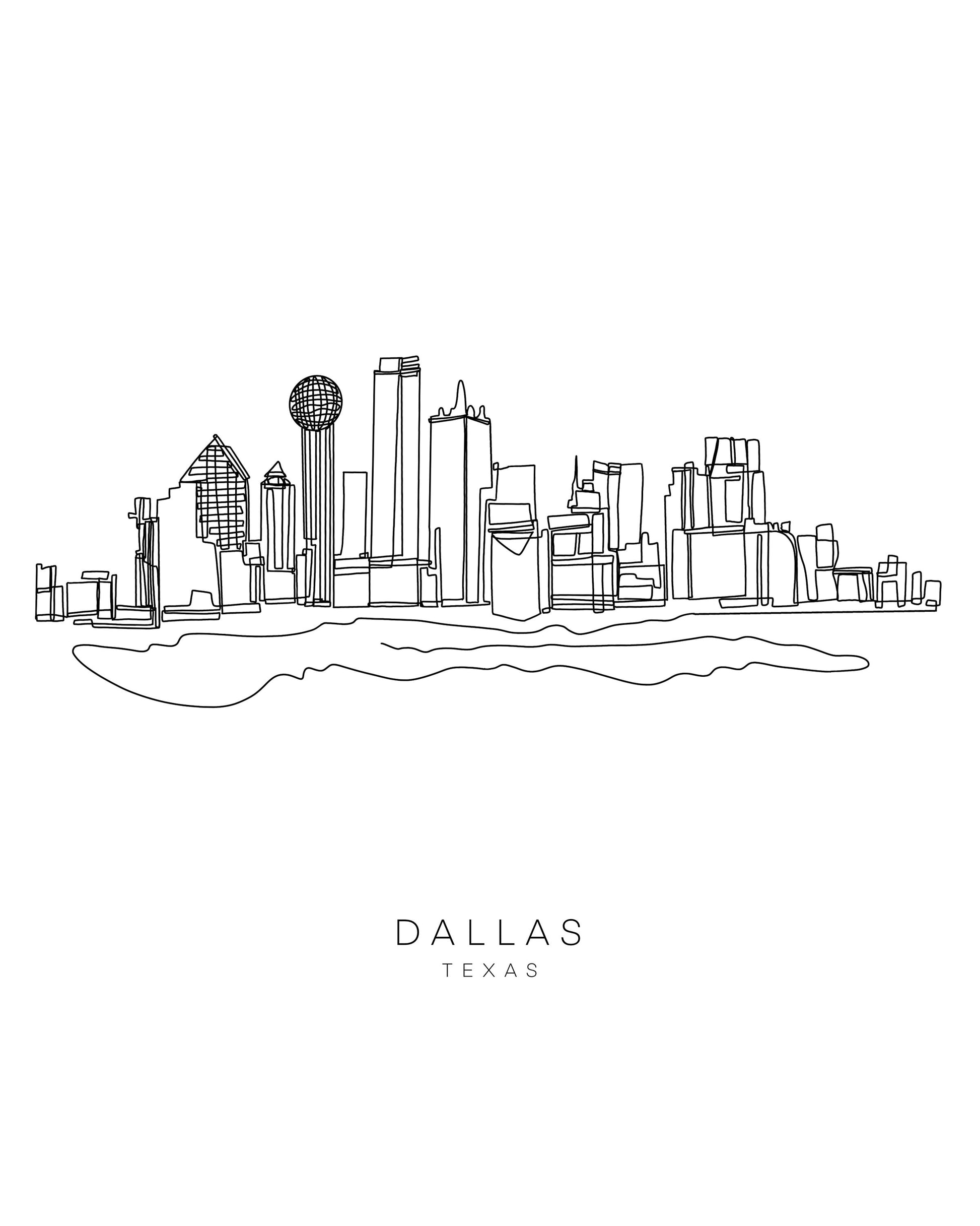 DALLAS Skyline 8x10 Single Line Art Print // Black and White // Unframed