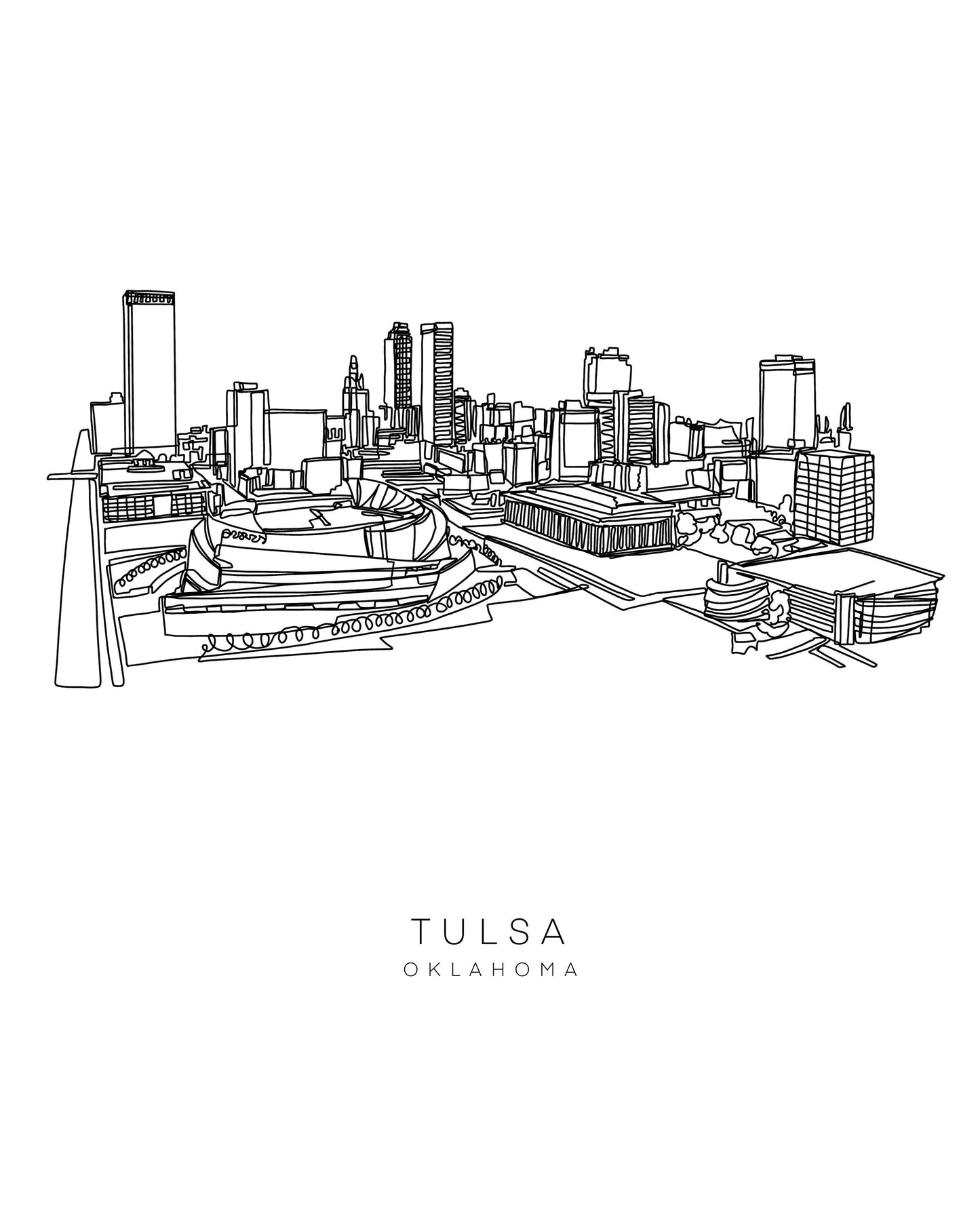TULSA Skyline 8x10 Single Line Art Print // Black and White // Unframed