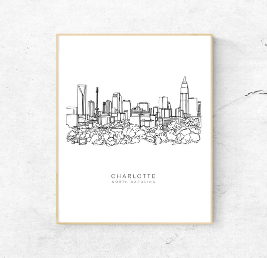 CHARLOTTE Skyline 8x10 Single Line Art Print // Black and White // Unframed