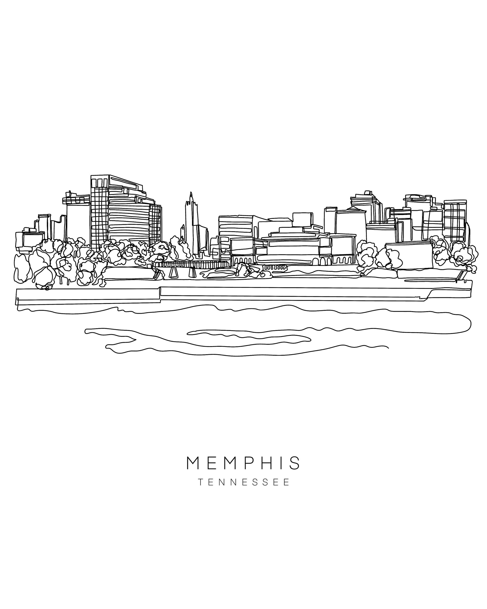 MEMPHIS Skyline 8x10 Single Line Art Print // Black and White // Unframed