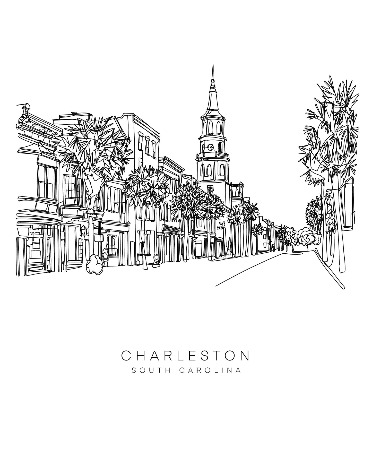 CHARLESTON Skyline 8x10 Single Line Art Print // Black and White // Unframed