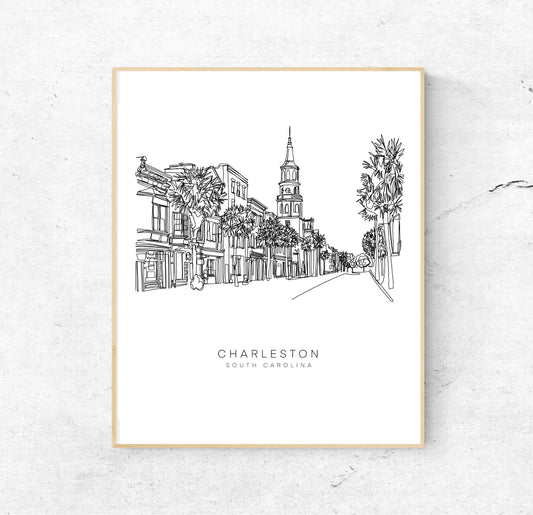 CHARLESTON Skyline 8x10 Single Line Art Print // Black and White // Unframed