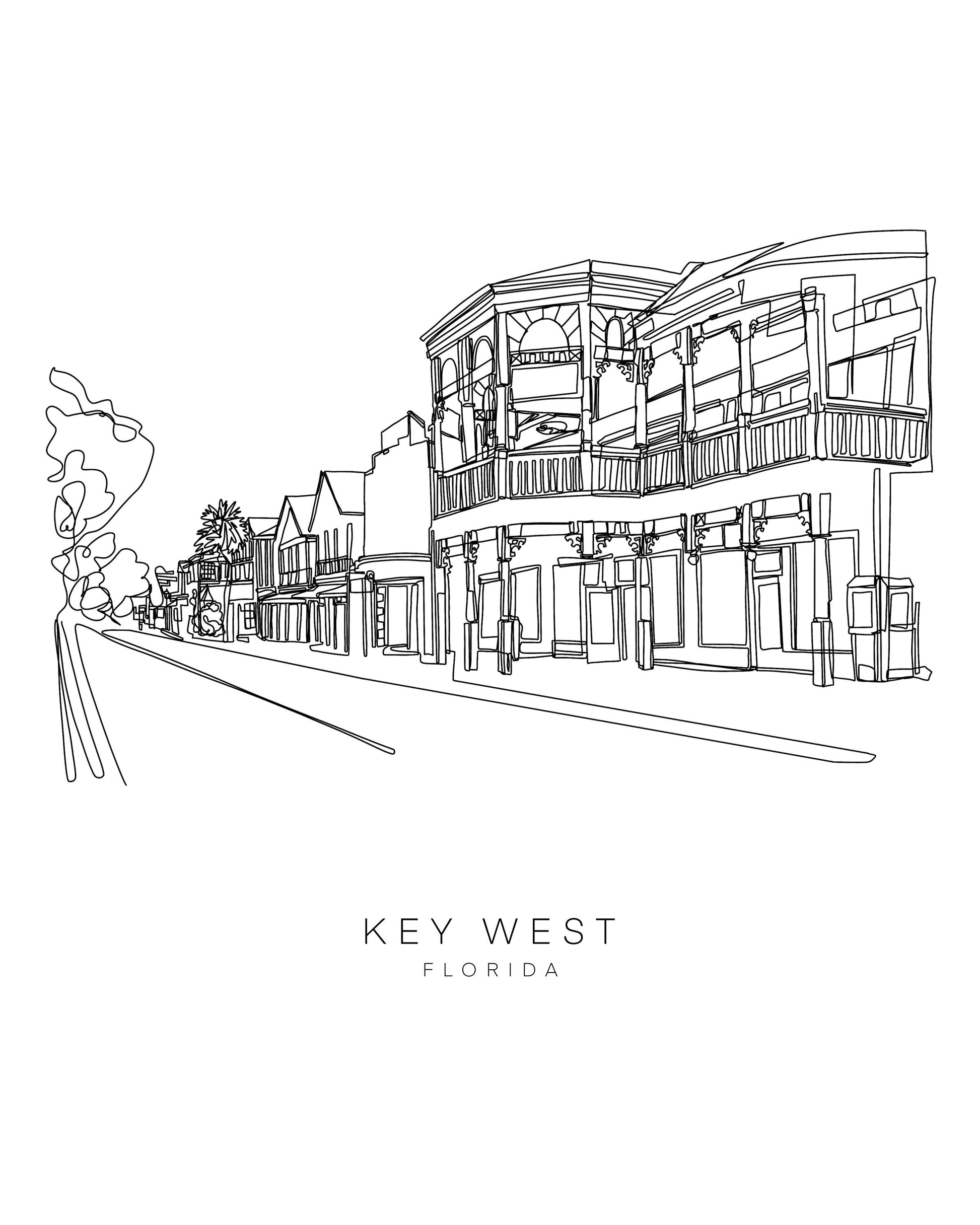 KEY WEST Skyline 8x10 Single Line Art Print // Black and White // Unframed