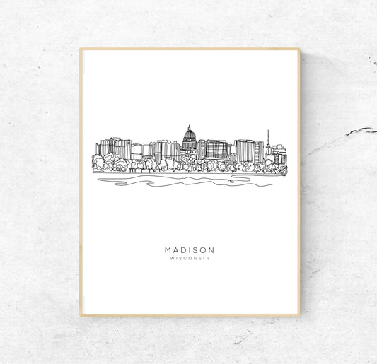 MADISON Skyline 8x10 Single Line Art Print // Black and White // Unframed