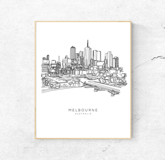 MELBOURNE Skyline 8x10 Single Line Art Print // Black and White // Unframed