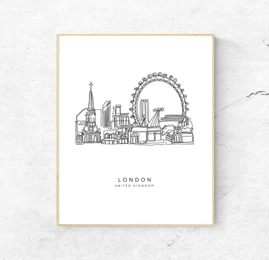 LONDON Skyline 8x10 Single Line Art Print // Black and White // Unframed