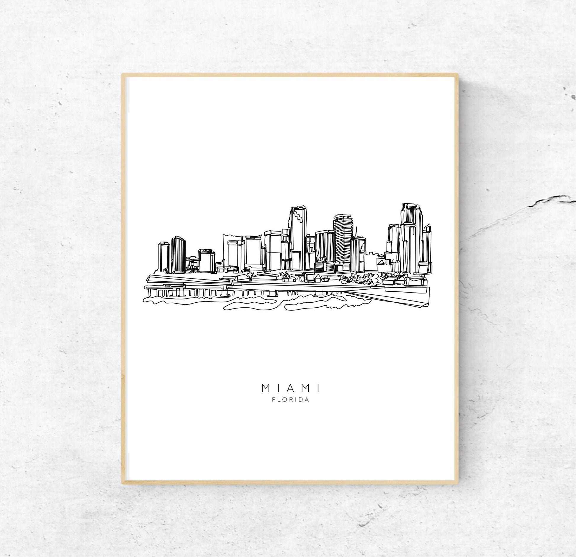 MIAMI Skyline 8x10 Single Line Art Print // Black and White // Unframed