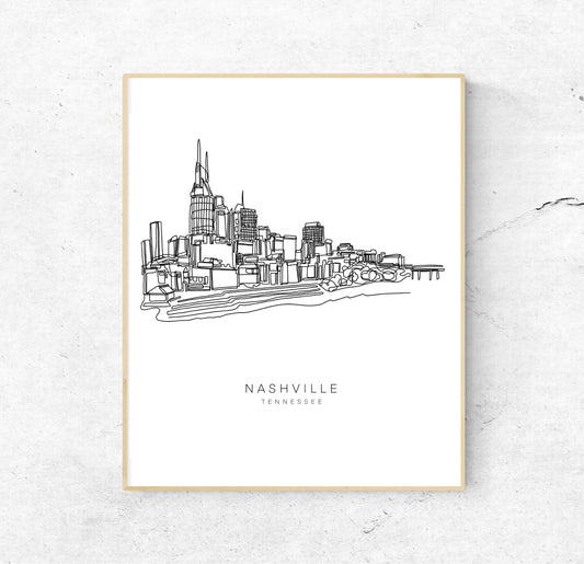 NASHVILLE Skyline 8x10 Single Line Art Print // Black and White // Unframed