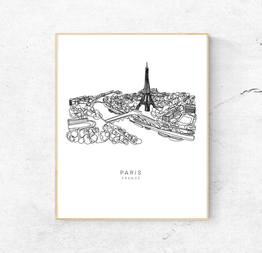 PARIS Skyline 8x10 Single Line Art Print // Black and White // Unframed