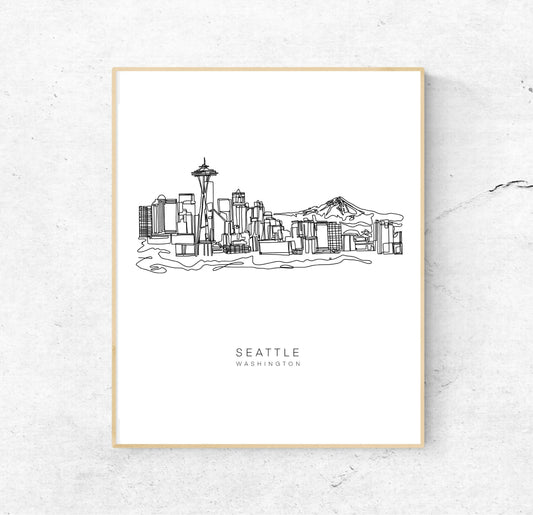 SEATTLE Skyline 8x10 Single Line Art Print // Black and White // Unframed