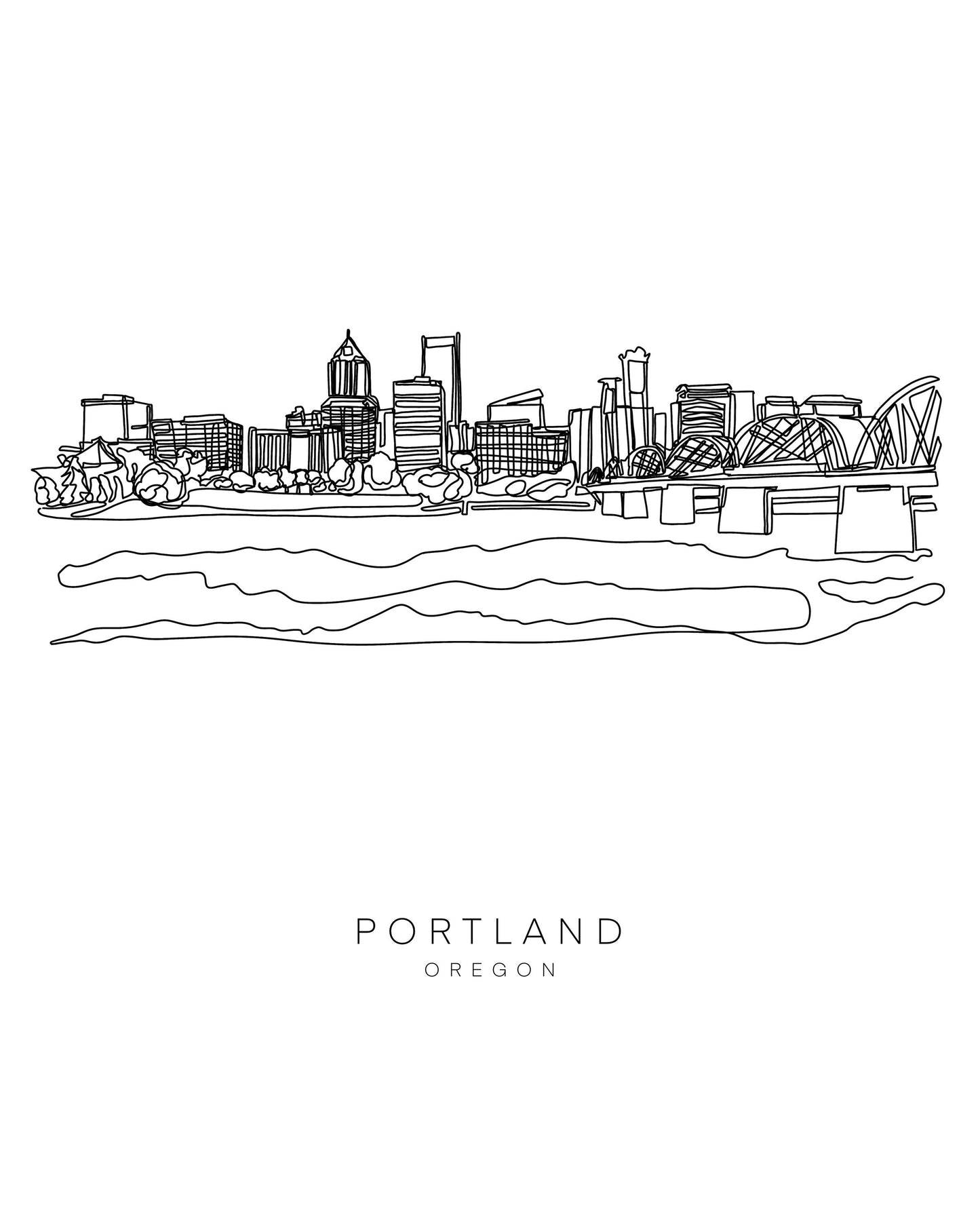 PORTLAND VERSION 2 Skyline 8x10 Single Line Art Print // Black and White // Unframed