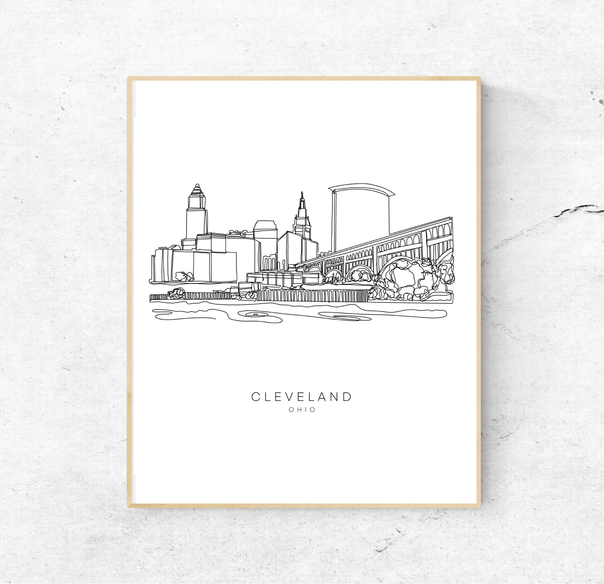 CLEVELAND Skyline 8x10 Single Line Art Print // Black and White // Unframed