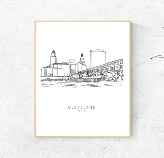 CLEVELAND Skyline 8x10 Single Line Art Print // Black and White // Unframed