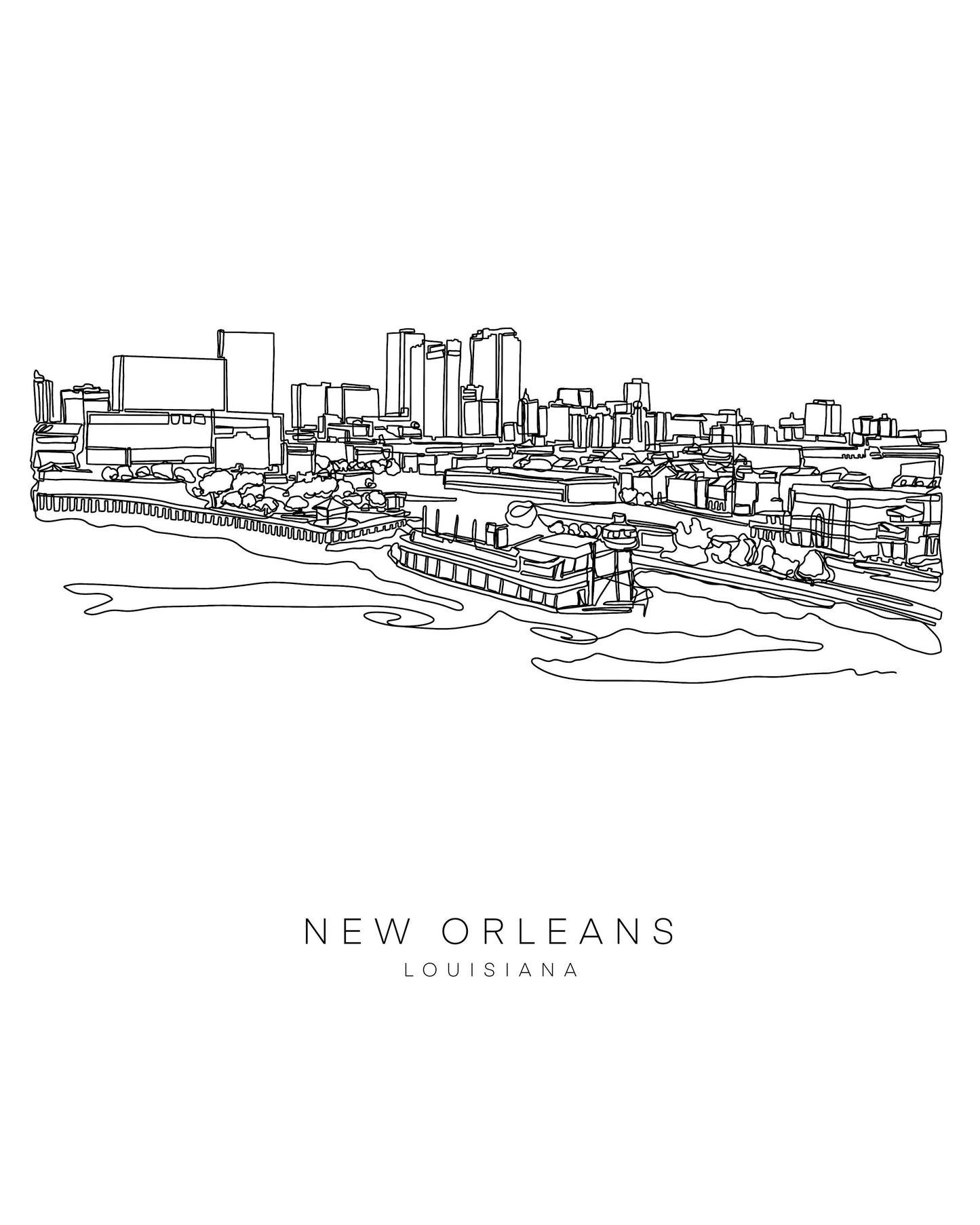 NEW ORLEANS Skyline 8x10 Single Line Art Print // Black and White // Unframed