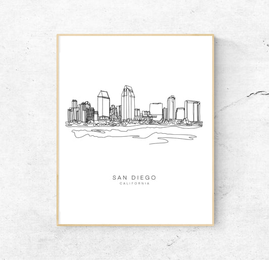 SAN DIEGO Skyline 8x10 Single Line Art Print // Black and White // Unframed