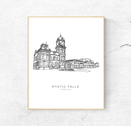 Vampire Diaries Mystic Falls 8x10 Single Line Art Print // Black and White // Unframed