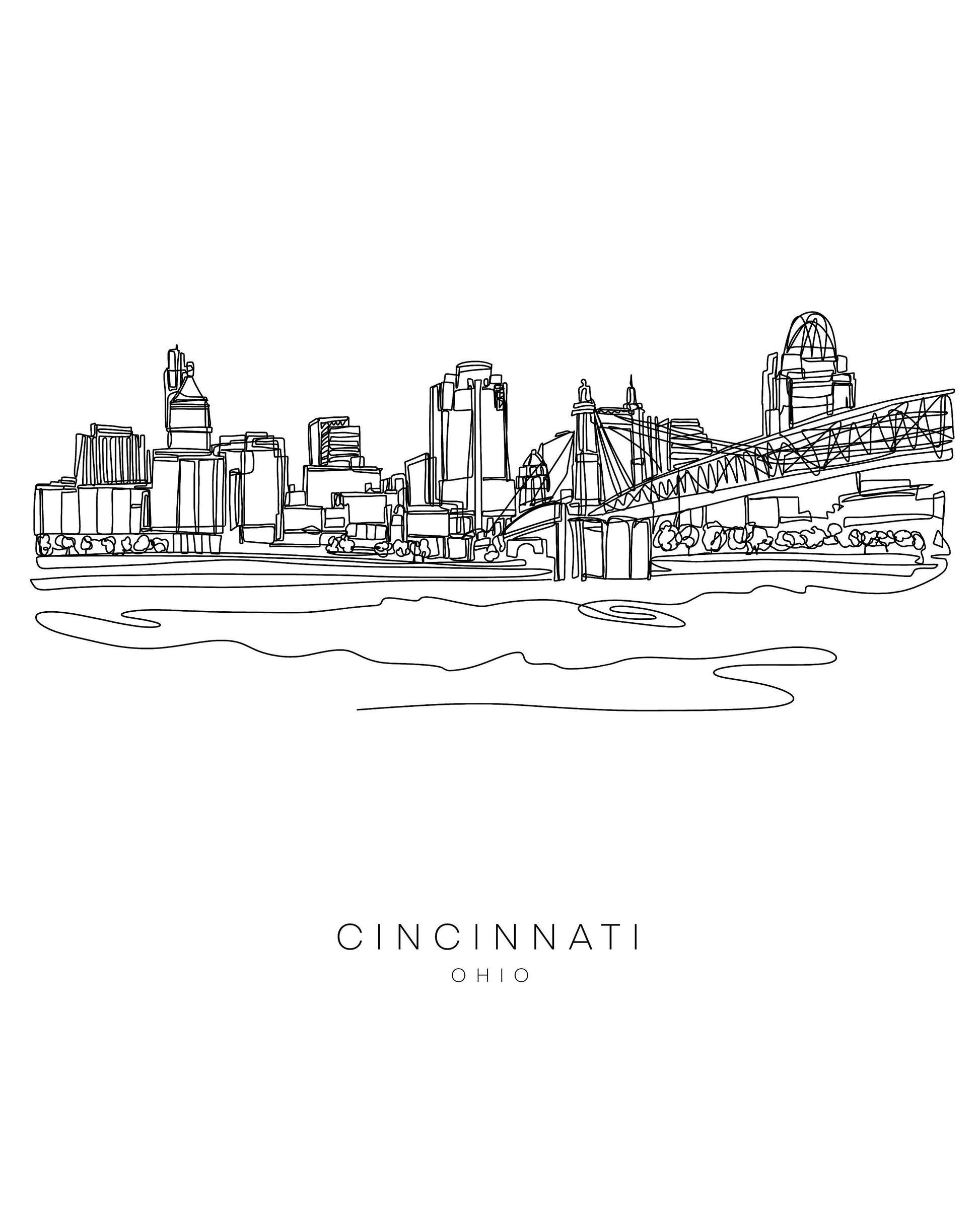 CINCINNATI Skyline 8x10 Single Line Art Print // Black and White // Unframed