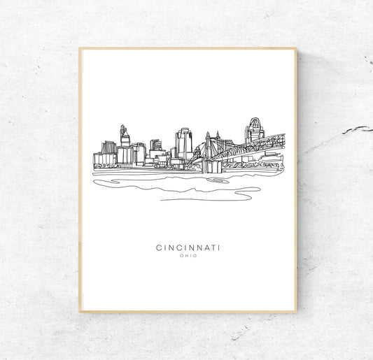 CINCINNATI Skyline 8x10 Single Line Art Print // Black and White // Unframed