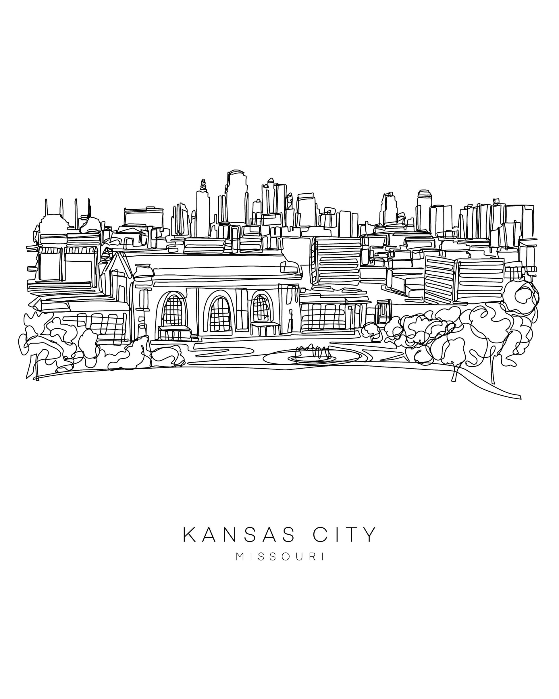 Kansas City Skyline 8x10 Single Line Art Print // Black and White // Unframed