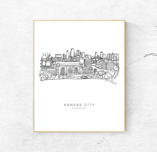 Kansas City Skyline 8x10 Single Line Art Print // Black and White // Unframed